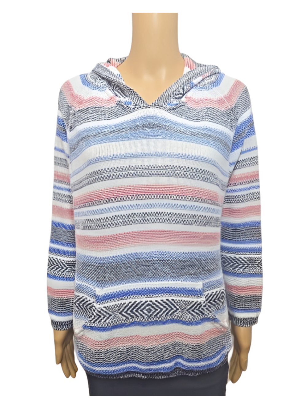 Tribal Jeans Hoodie Pullover Medium Multi Stripe Cotton Kangaroo Pocket Beach - Picture 2 of 8